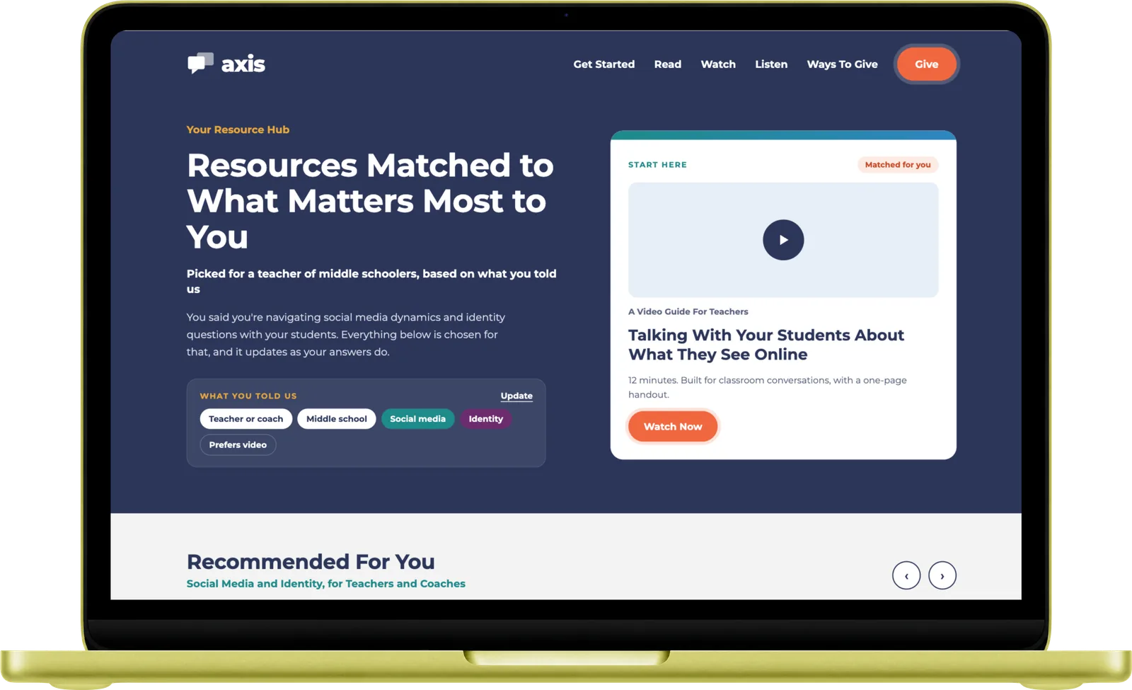 The Axis resource hub, showing what a teacher told them and the video chosen from it