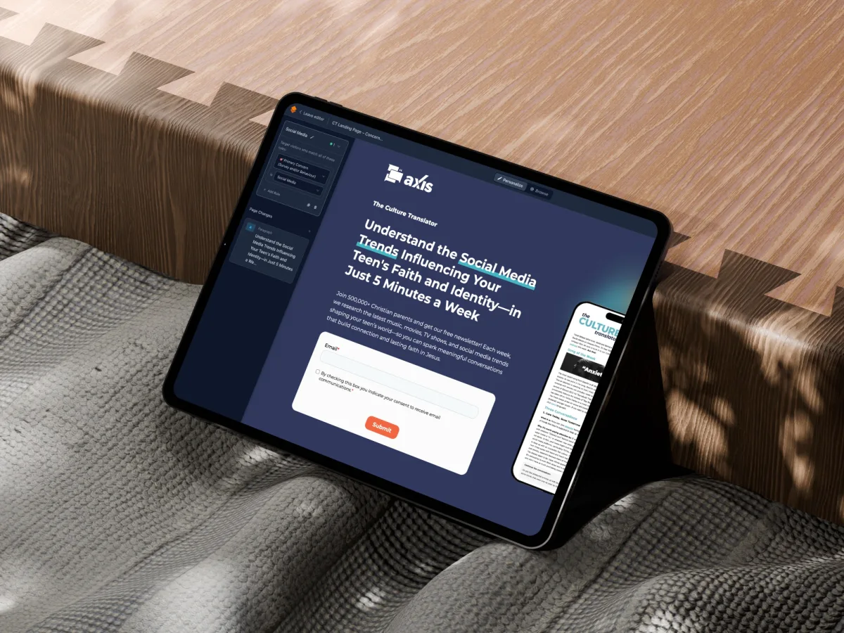 An Axis landing page beside the rule that changes it for each visitor